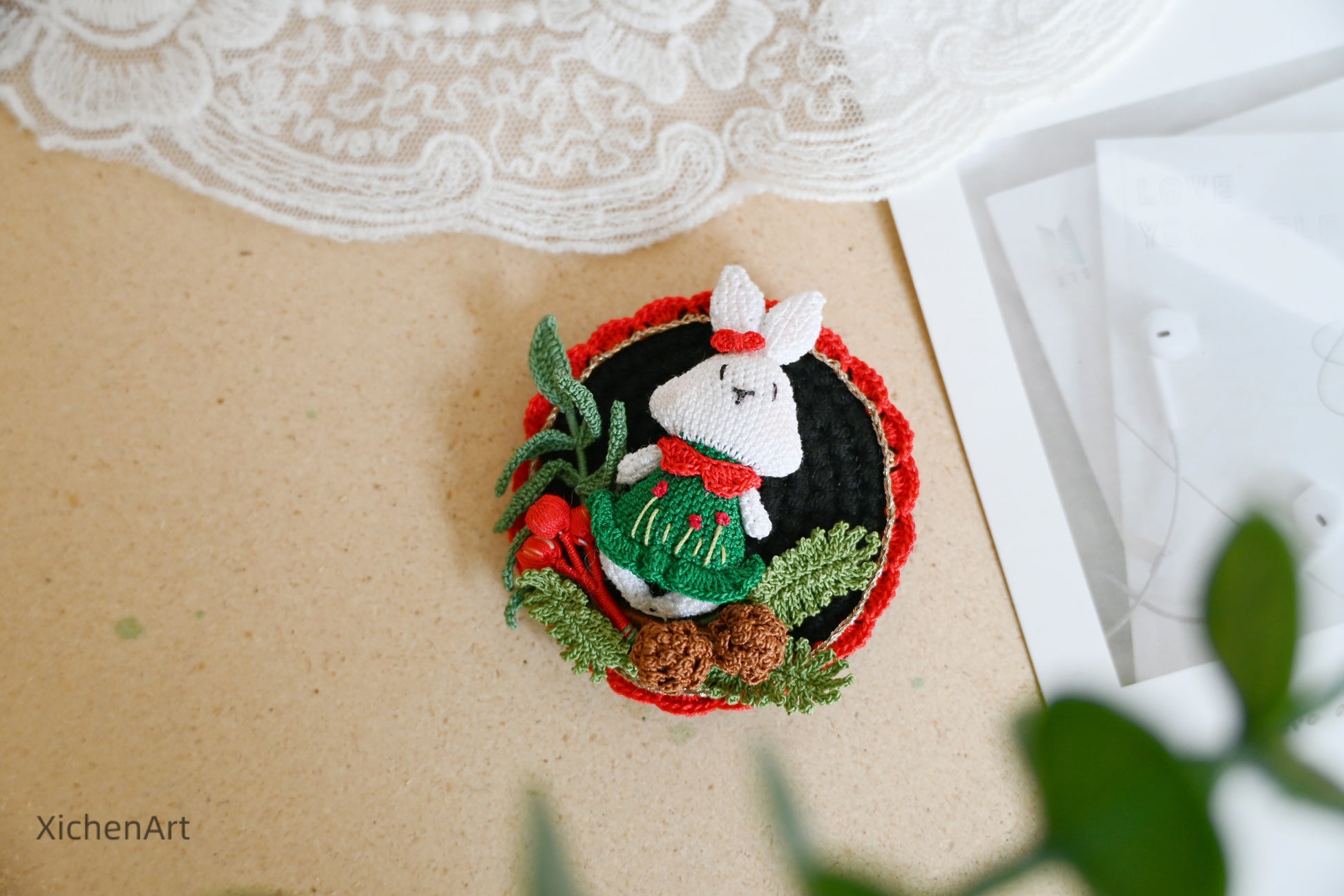 micro crochet rabbit brooch