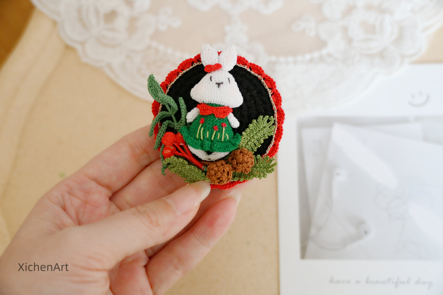 micro crochet rabbit brooch