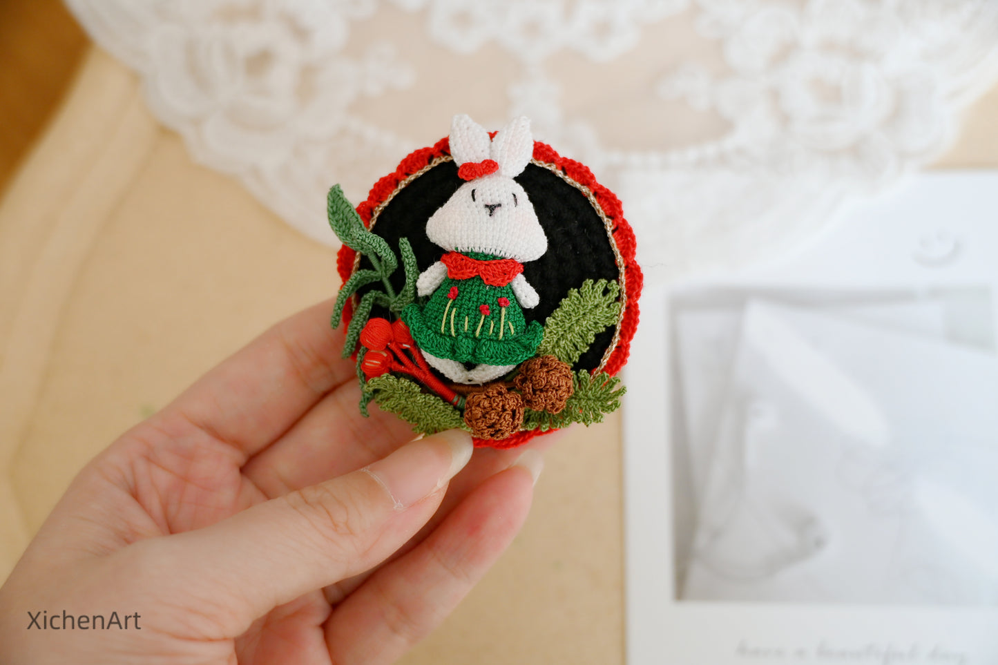 micro crochet rabbit brooch