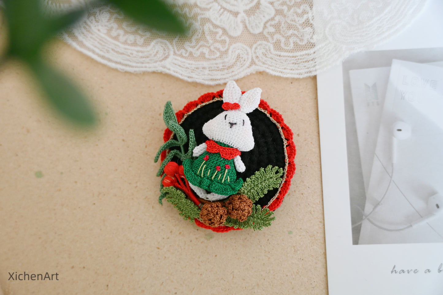 micro crochet rabbit brooch