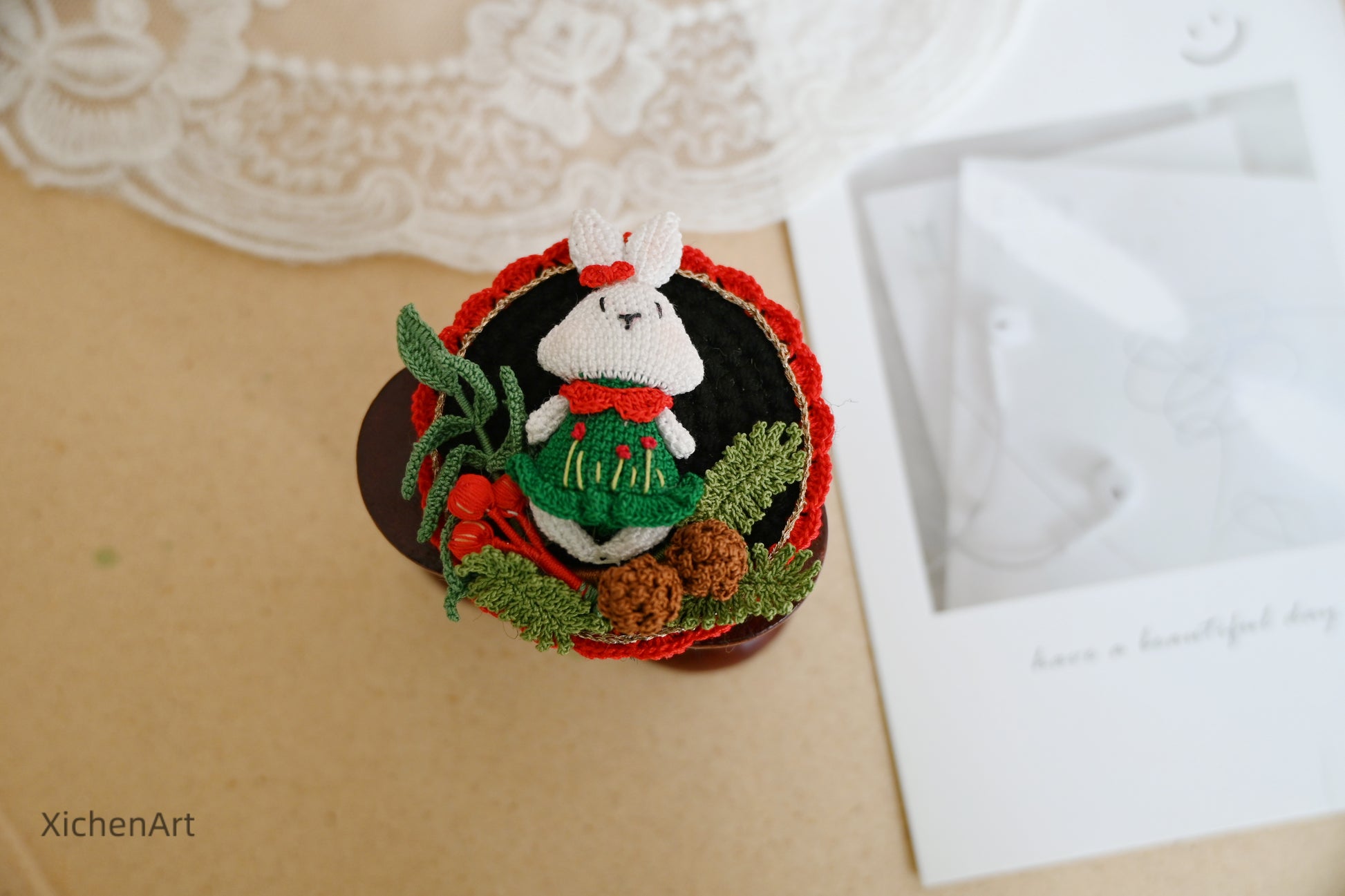 micro crochet rabbit brooch