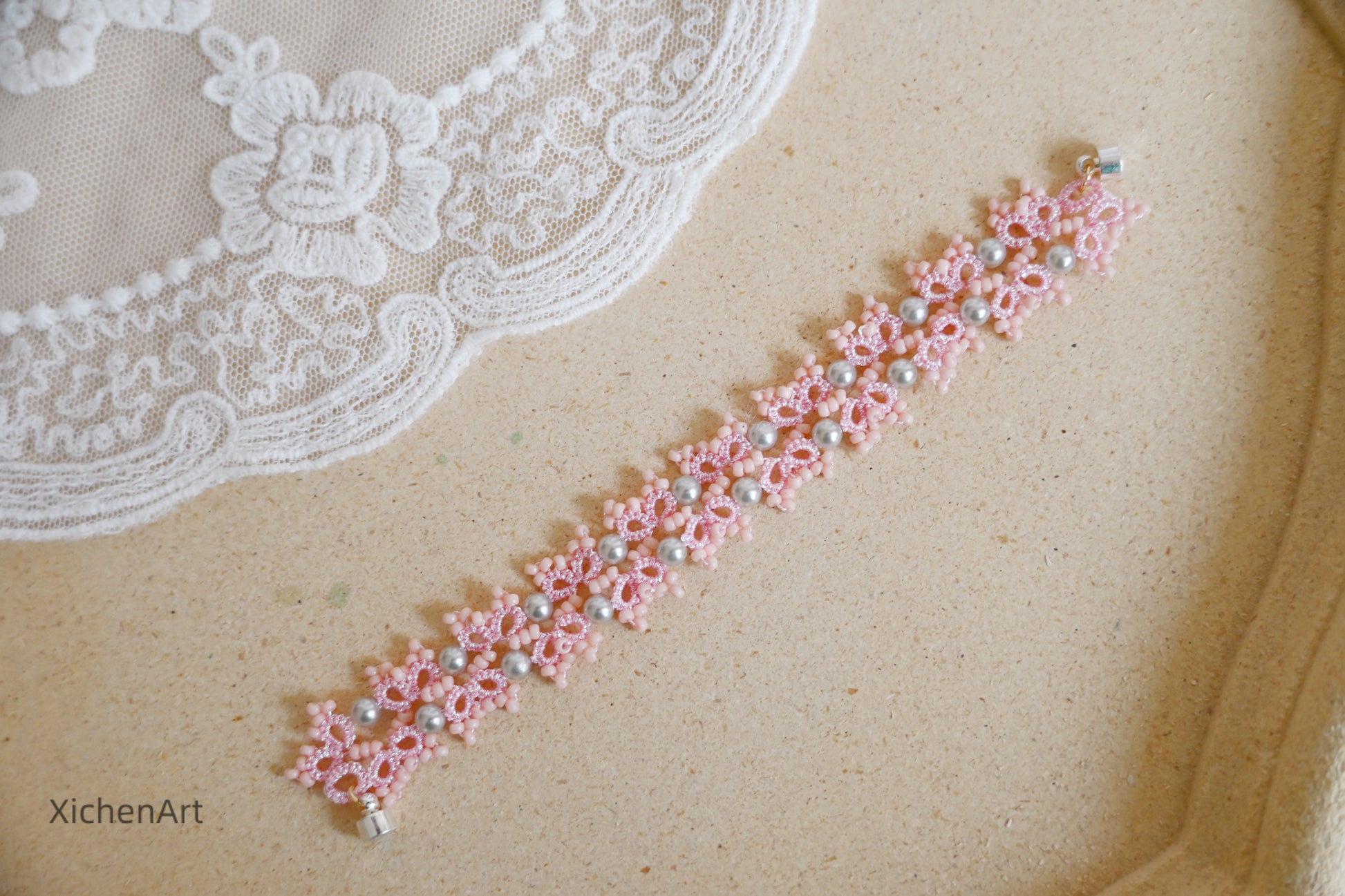 pink tatting bracelet with silver pearl very shine