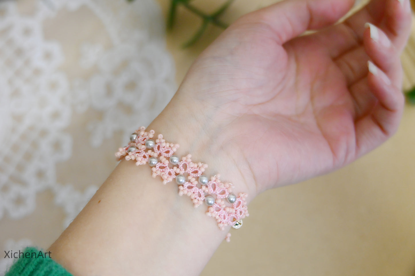 pink tatting bracelet with silver pearl very shine