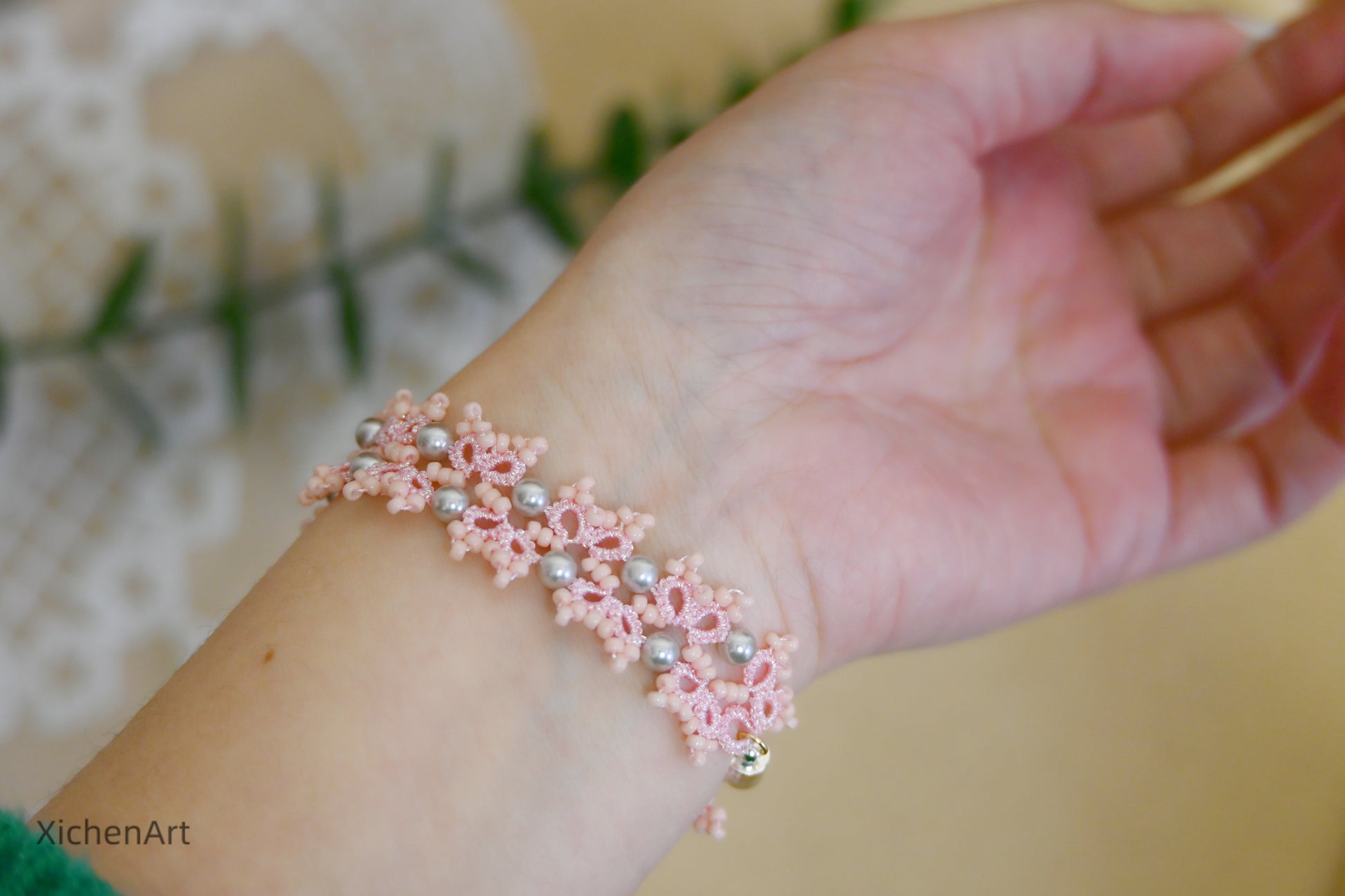 pink tatting bracelet with silver pearl very shine