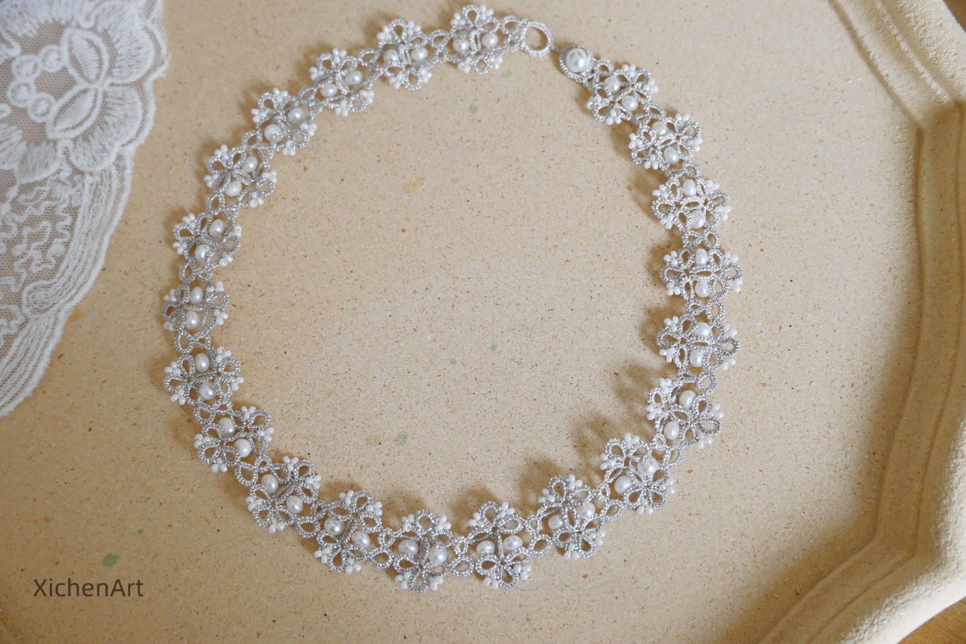 tatting silver necklace with natural pearl