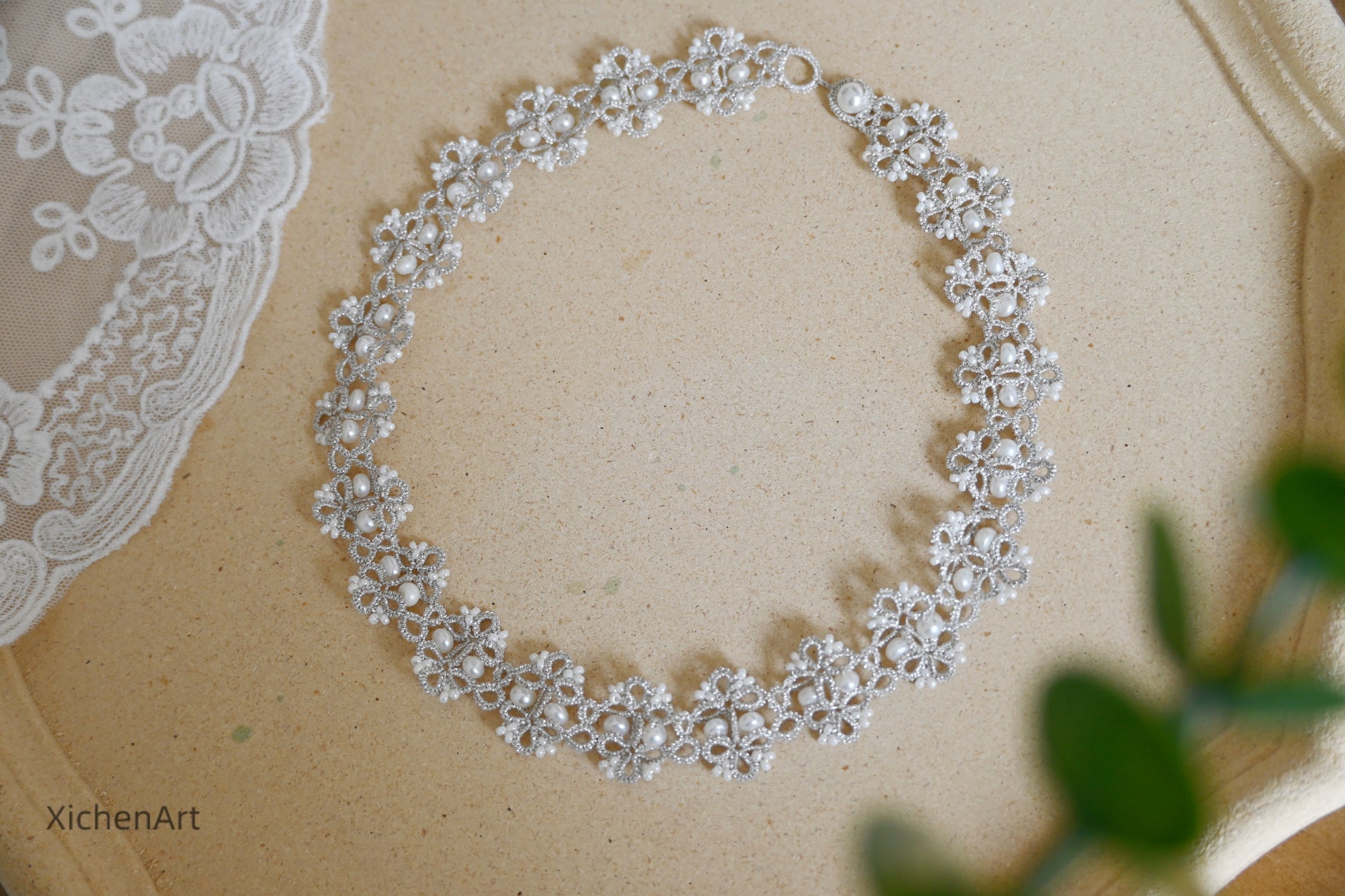 tatting silver necklace with natural pearl