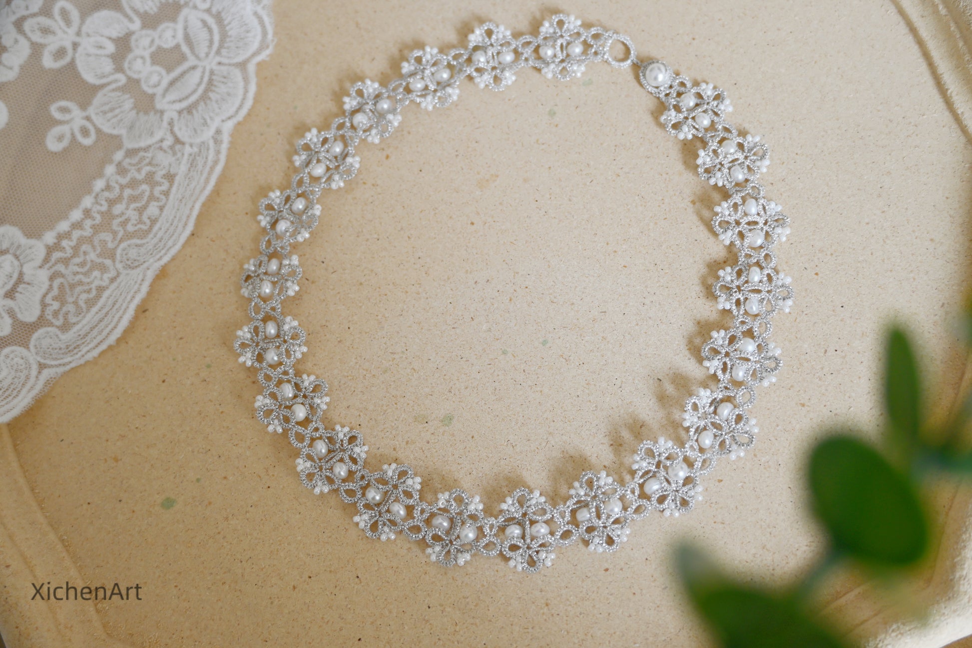 tatting silver necklace with natural pearl