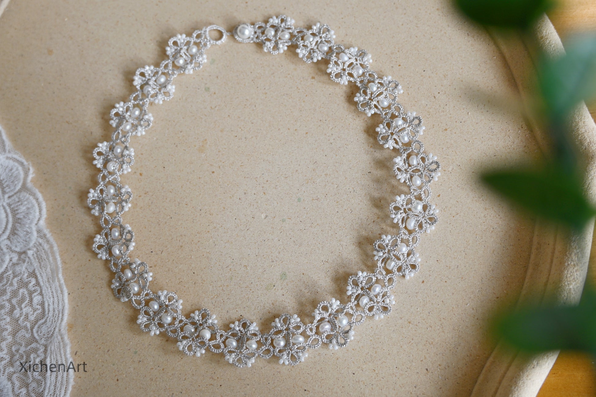 tatting silver necklace with natural pearl