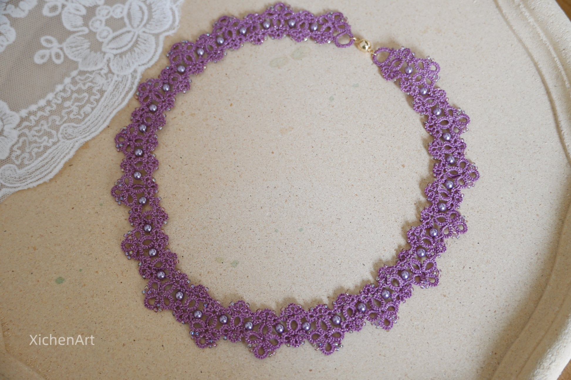 tatting purple necklace with pearl and miyuki beads