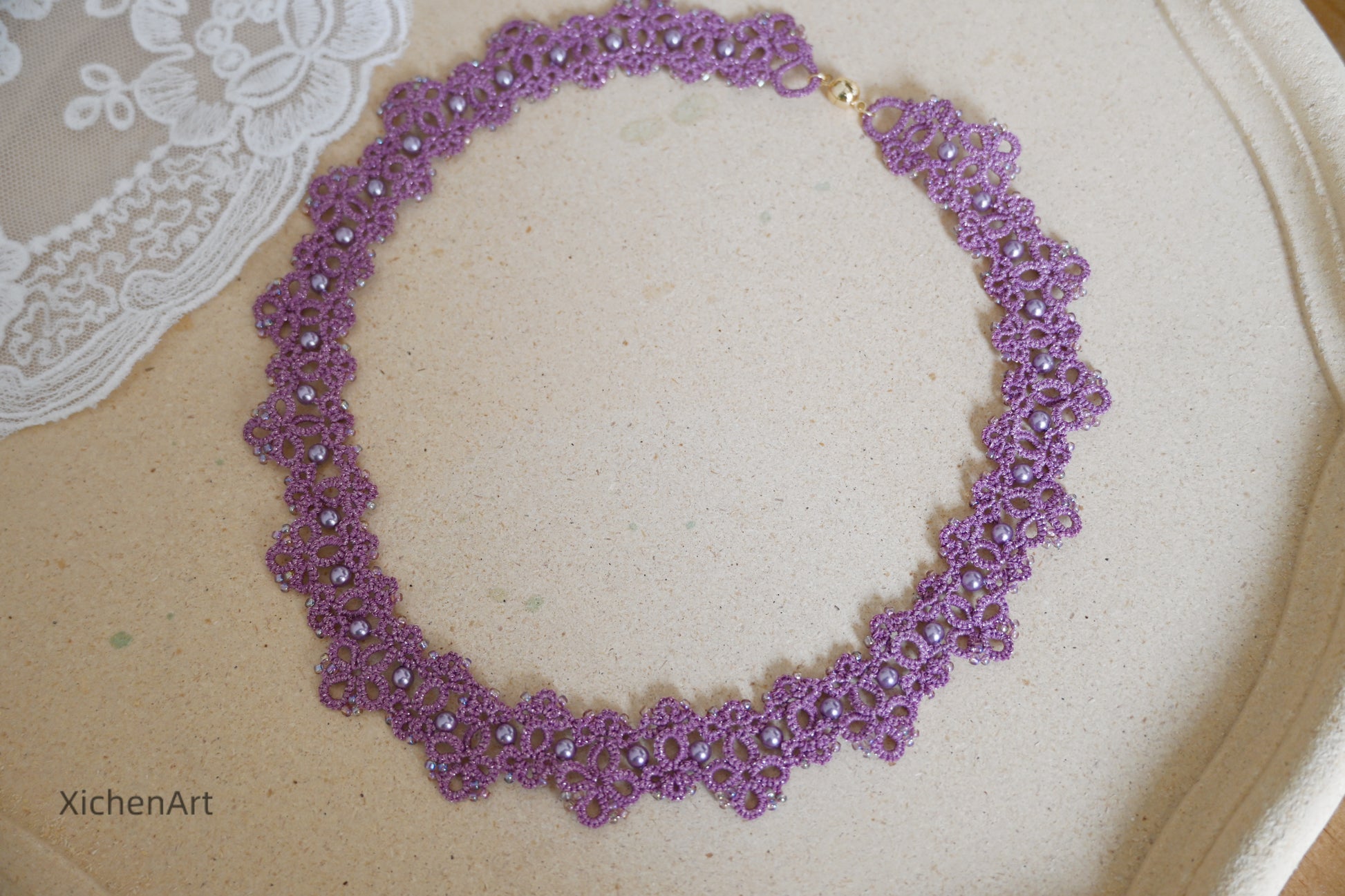 tatting purple necklace with pearl and miyuki beads