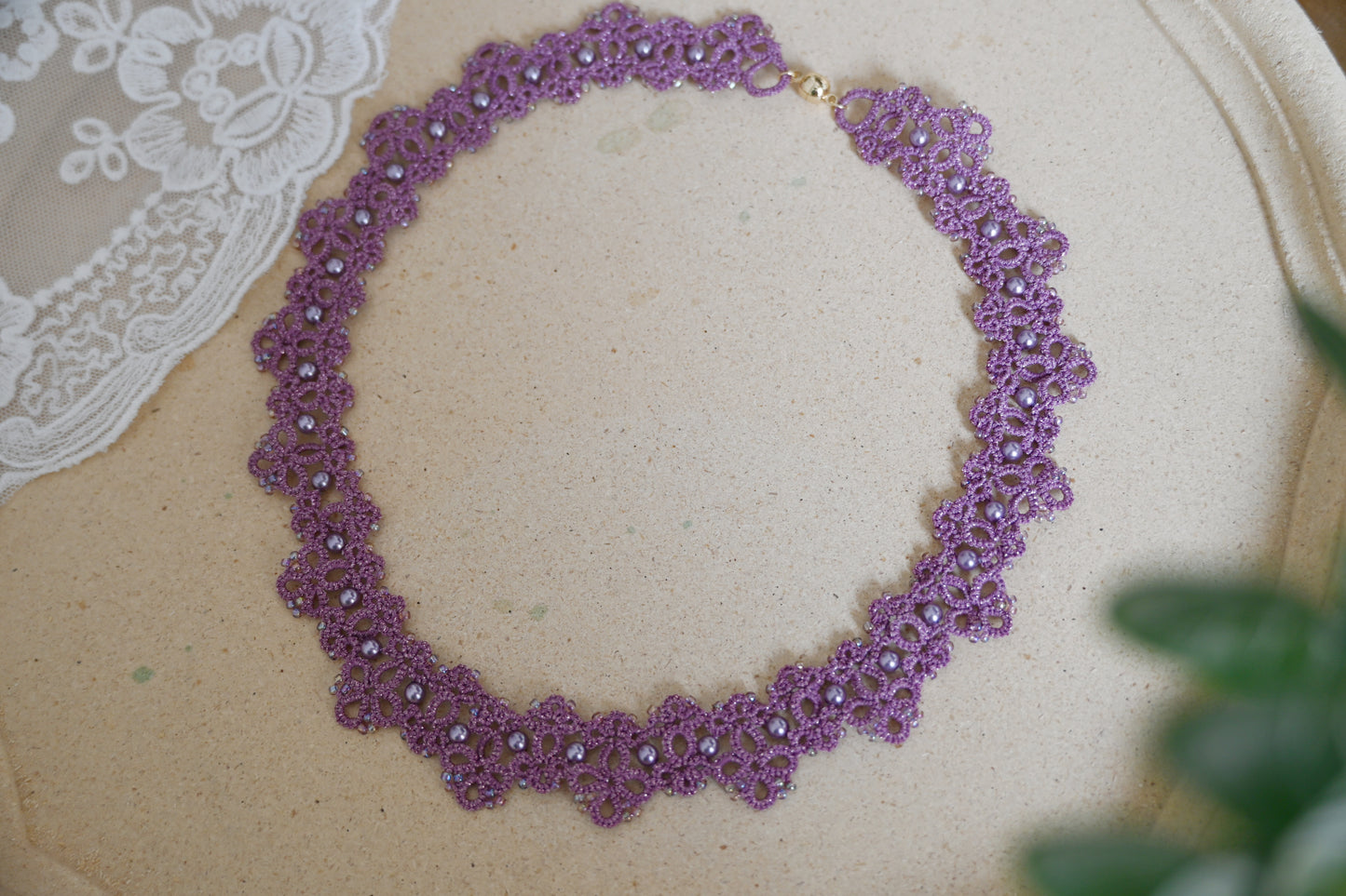 tatting purple necklace with pearl and miyuki beads