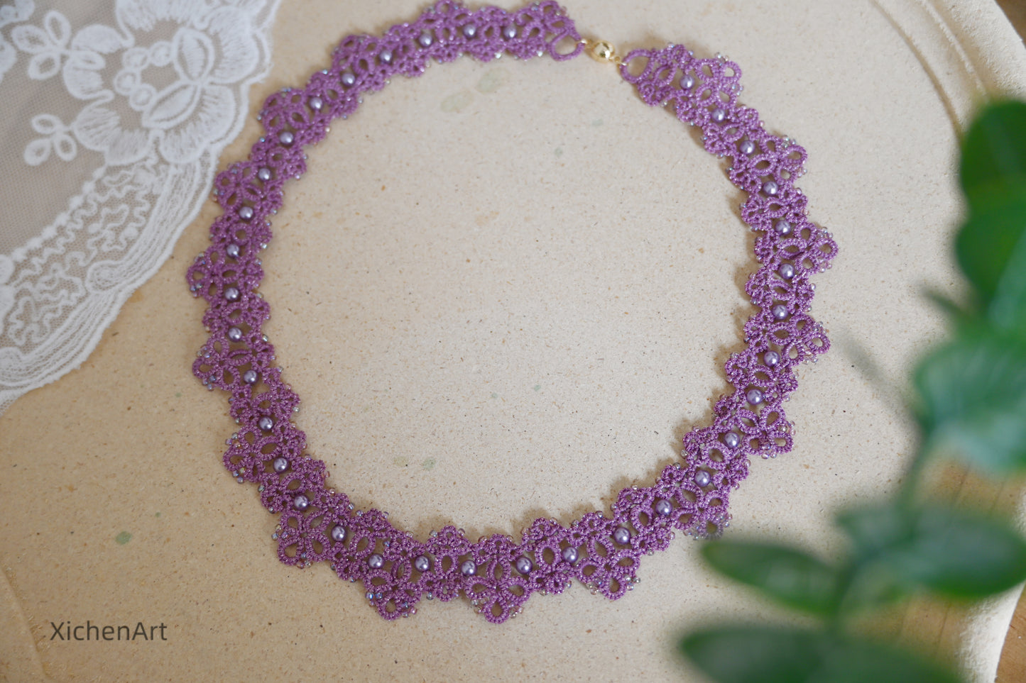 tatting purple necklace with pearl and miyuki beads