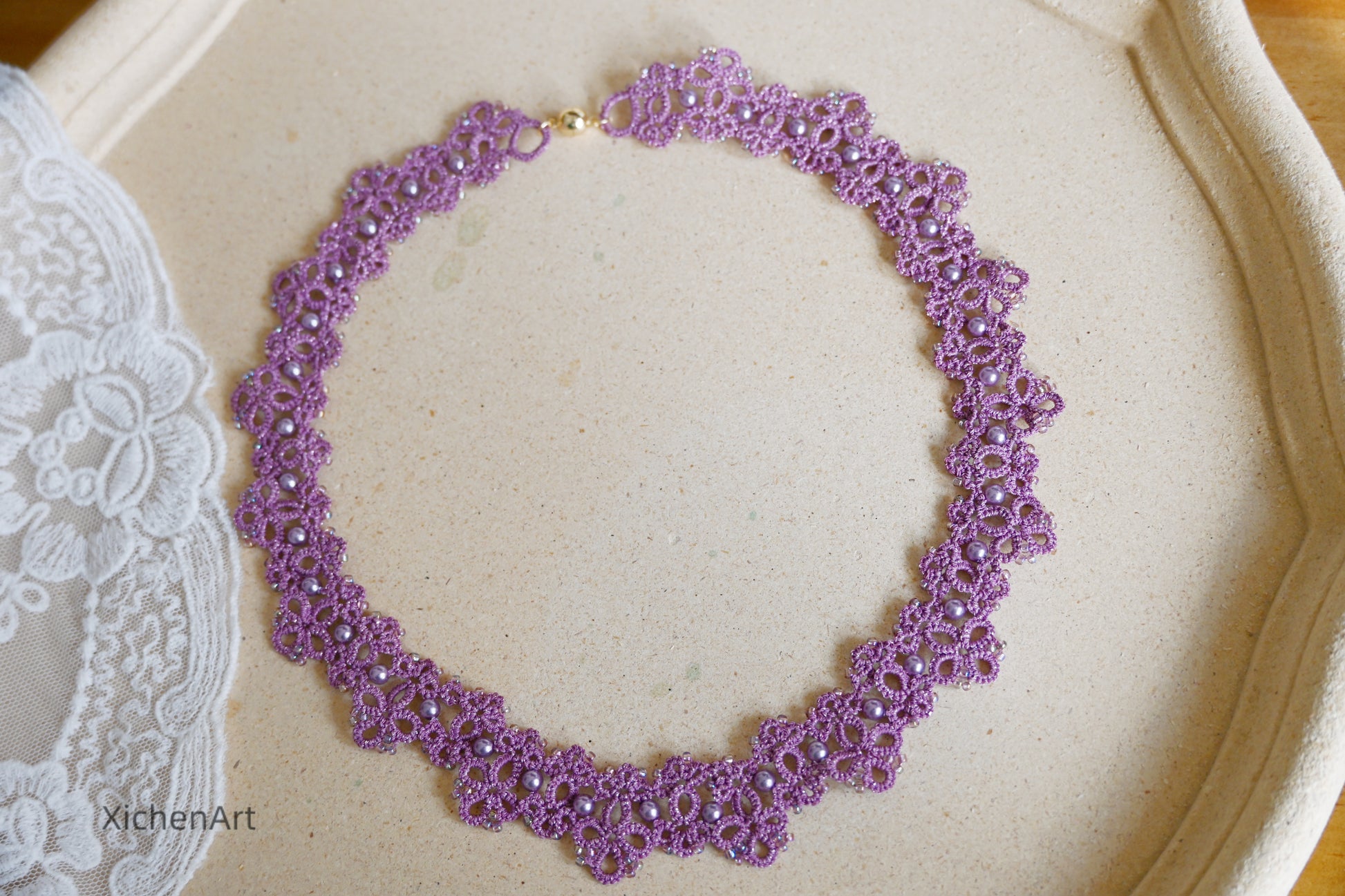 tatting purple necklace with pearl and miyuki beads