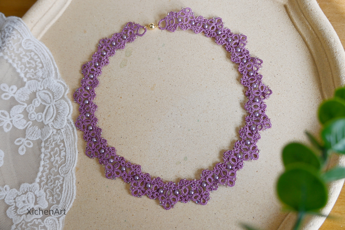 tatting purple necklace with pearl and miyuki beads