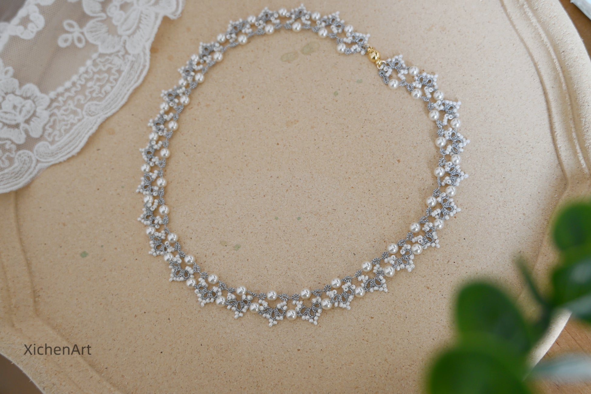 silver color gorgeous tatting necklace