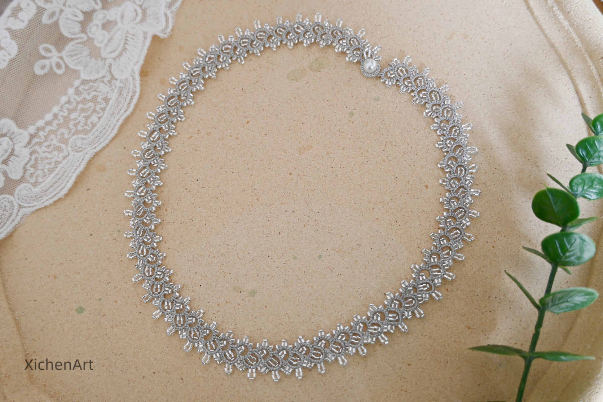 tatting necklace with silver beads