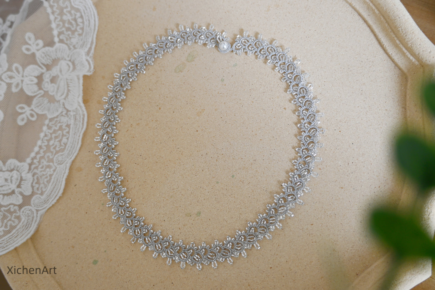 tatting necklace with silver beads