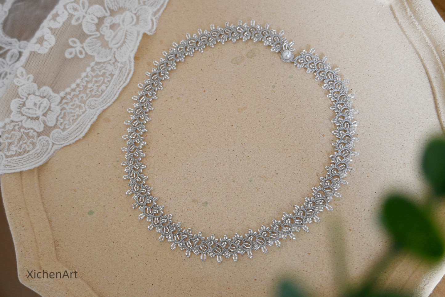 tatting necklace with silver beads