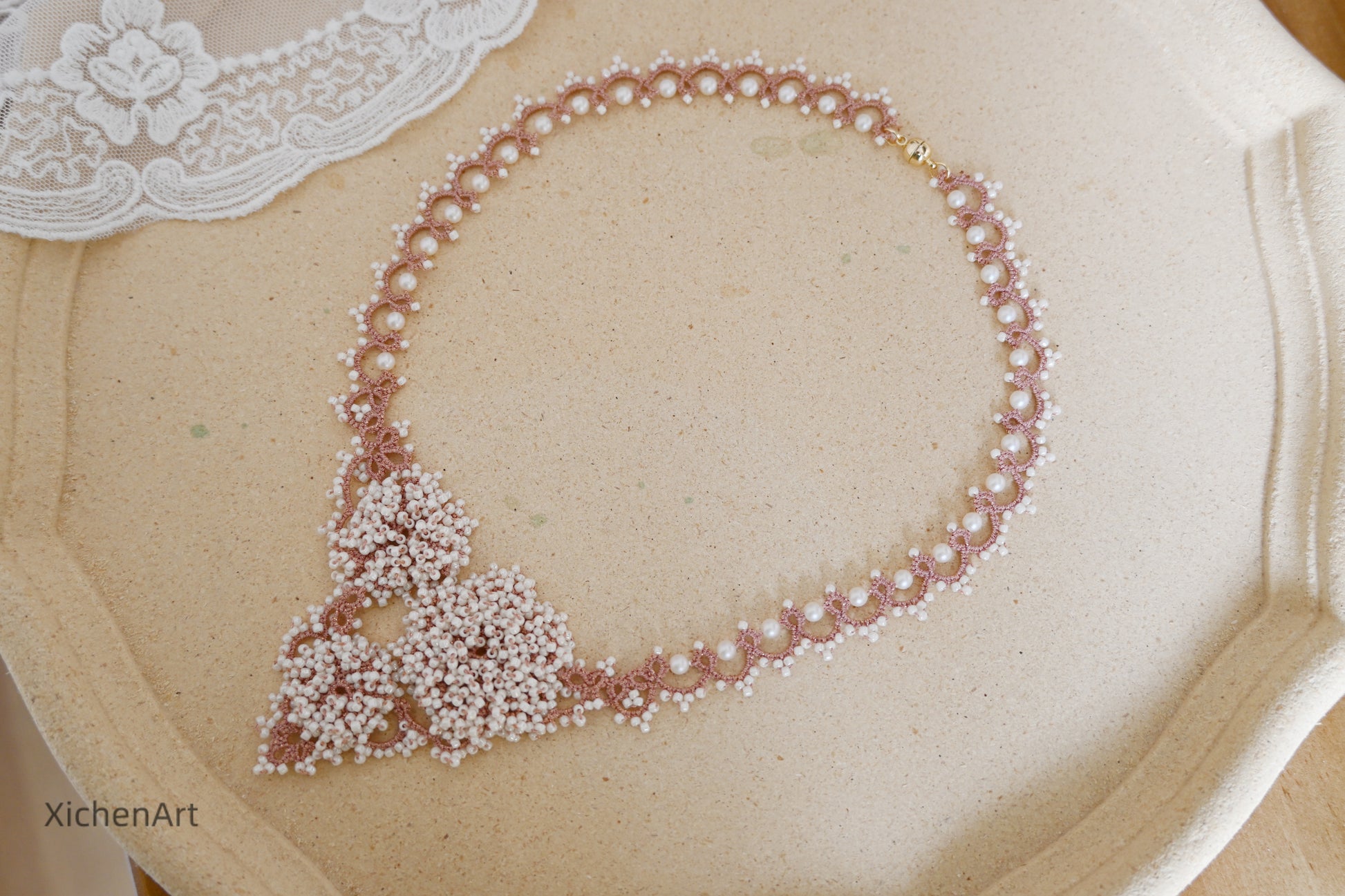 gorgeous pink color tatting necklace