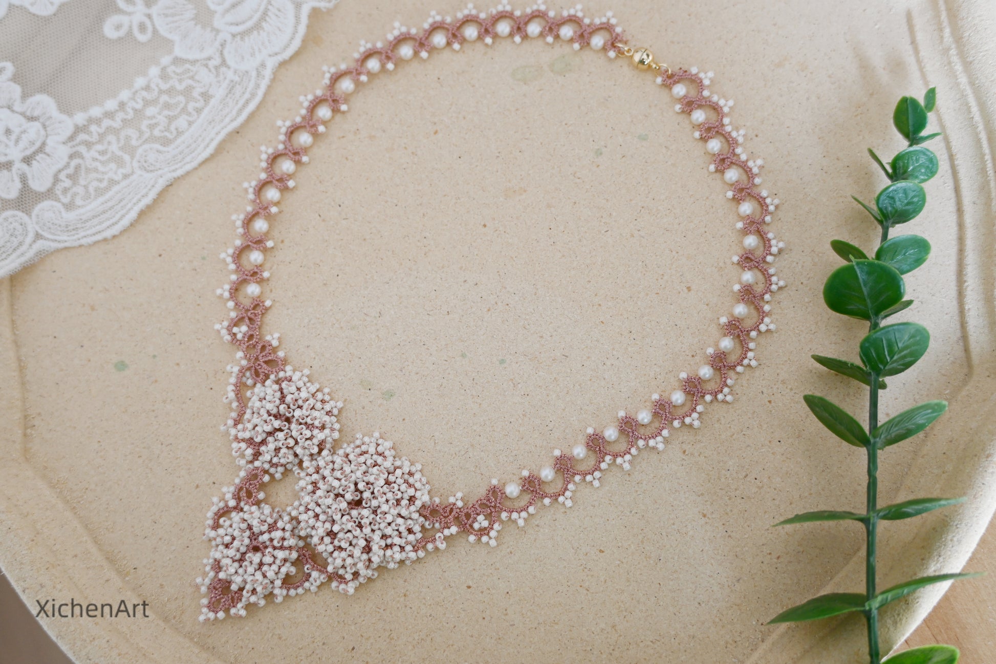 gorgeous pink color tatting necklace