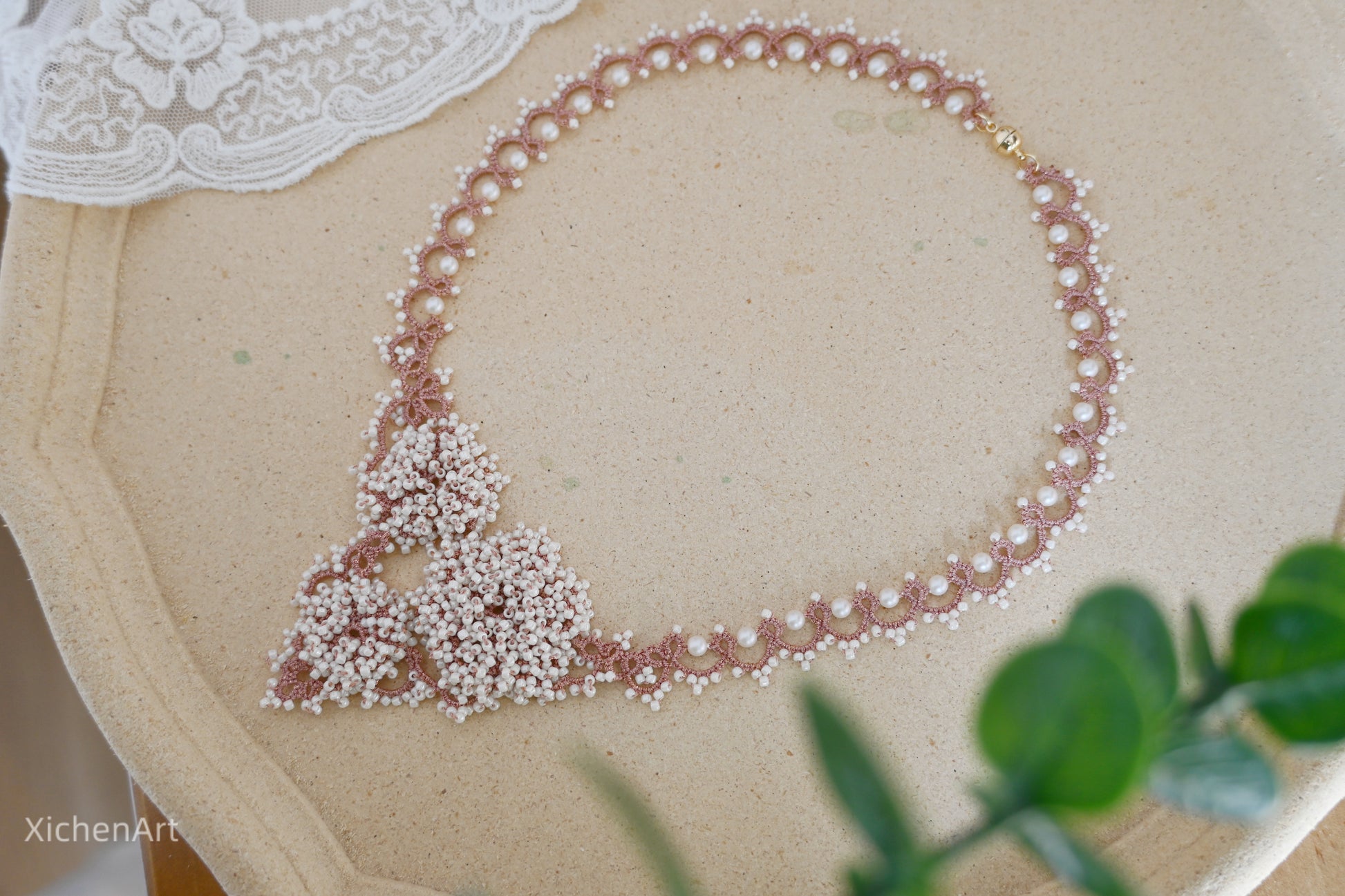 gorgeous pink color tatting necklace