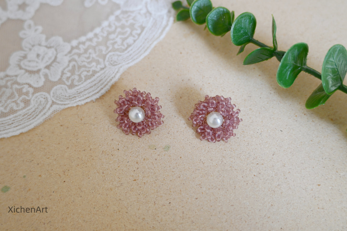 beautiful and elegance nude pink tatting earrings