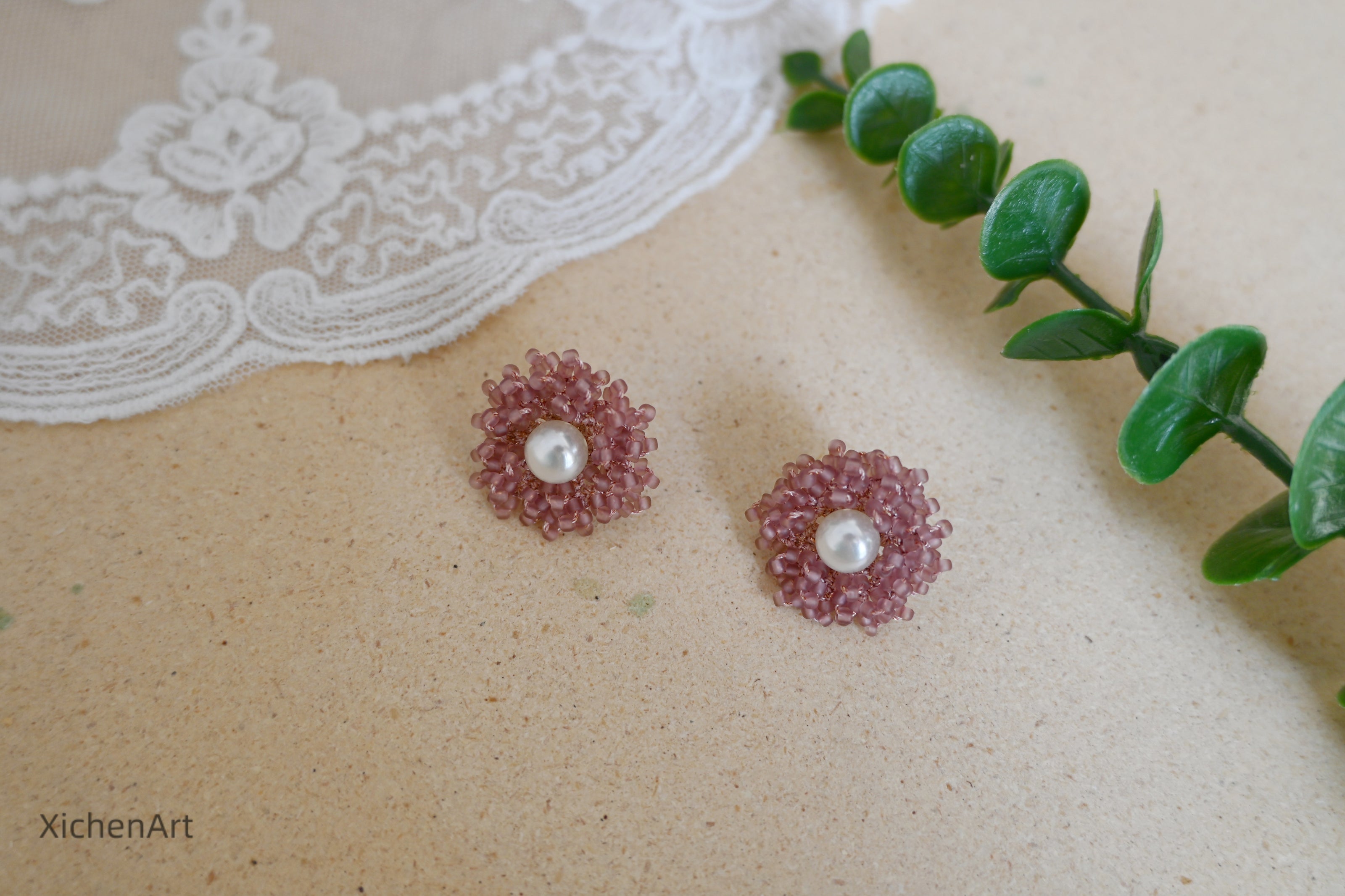 beautiful and elegance nude pink tatting earrings