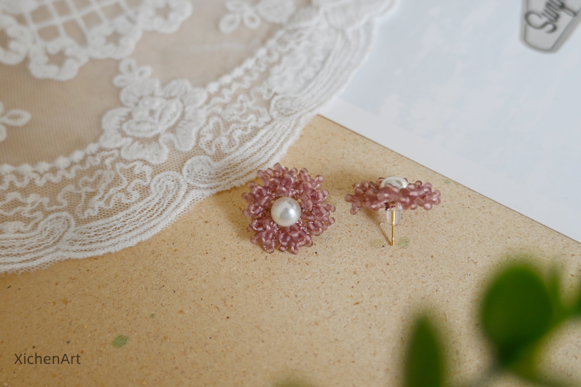 beautiful and elegance nude pink tatting earrings