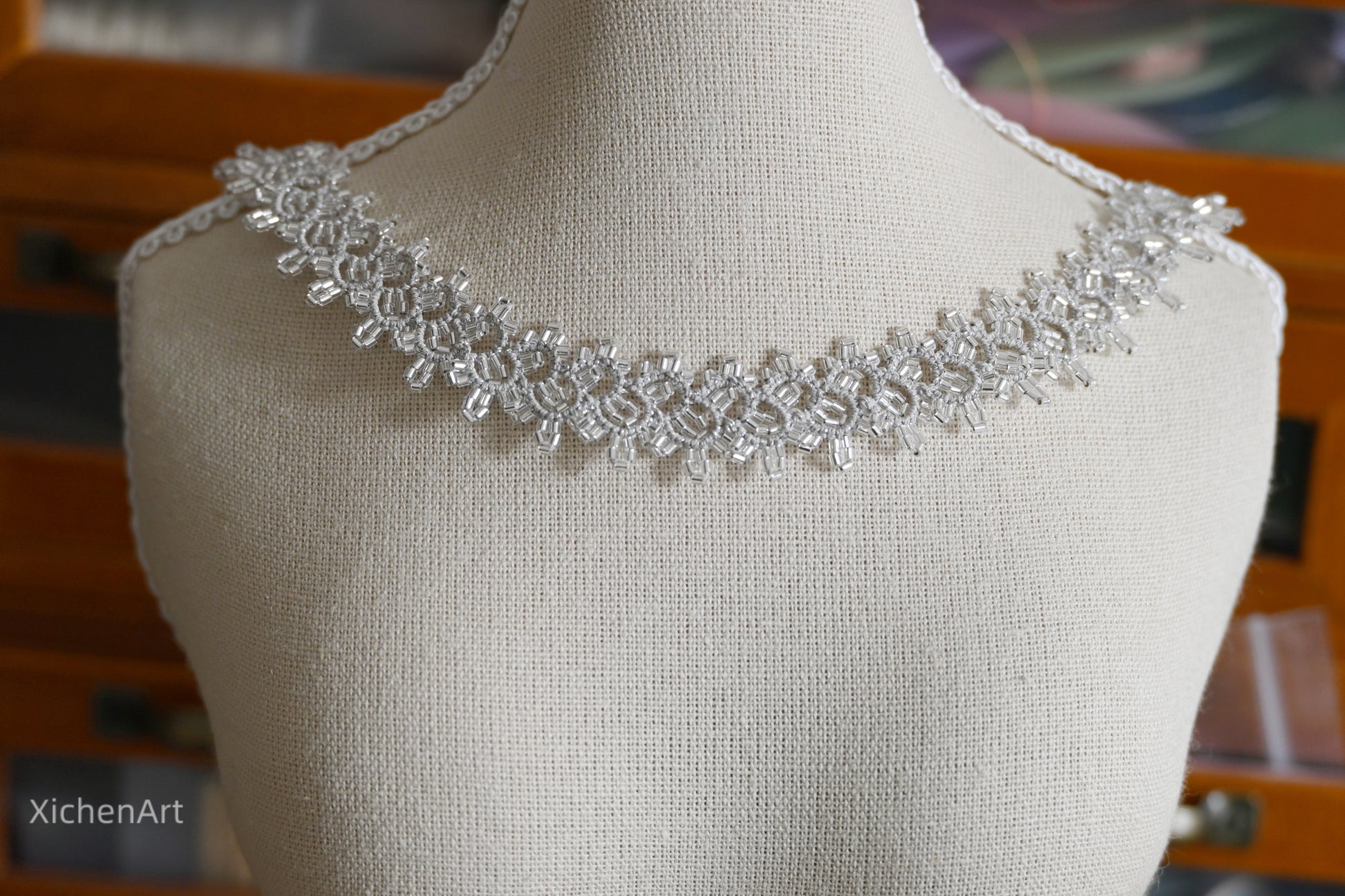 tatting necklace with silver beads