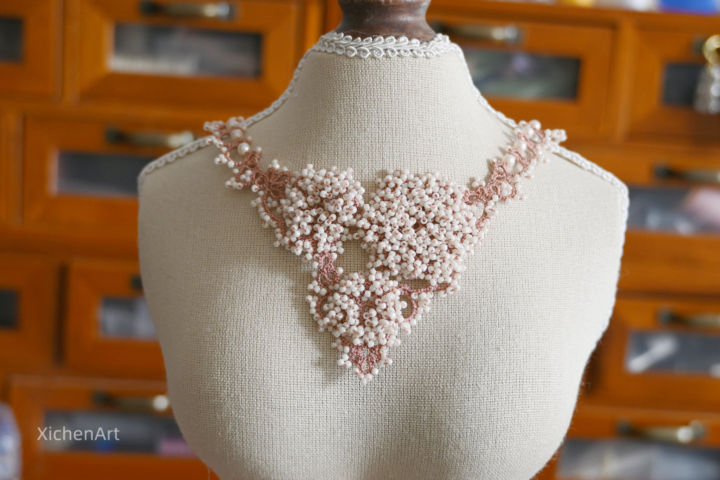 gorgeous pink color tatting necklace