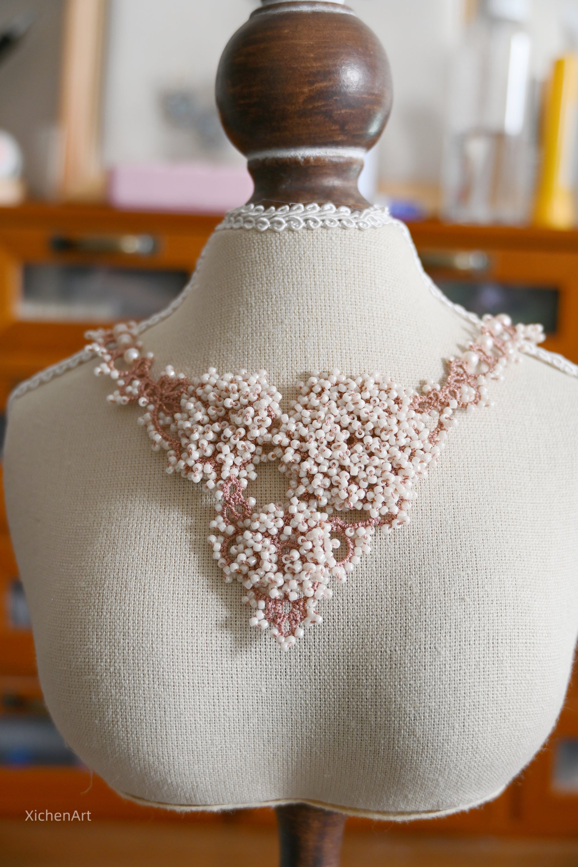 gorgeous pink color tatting necklace