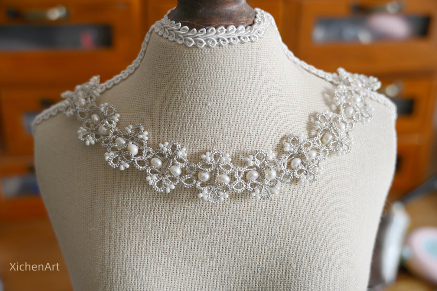 tatting silver necklace with natural pearl, gorge and elegant silver handmade tatting bracelet