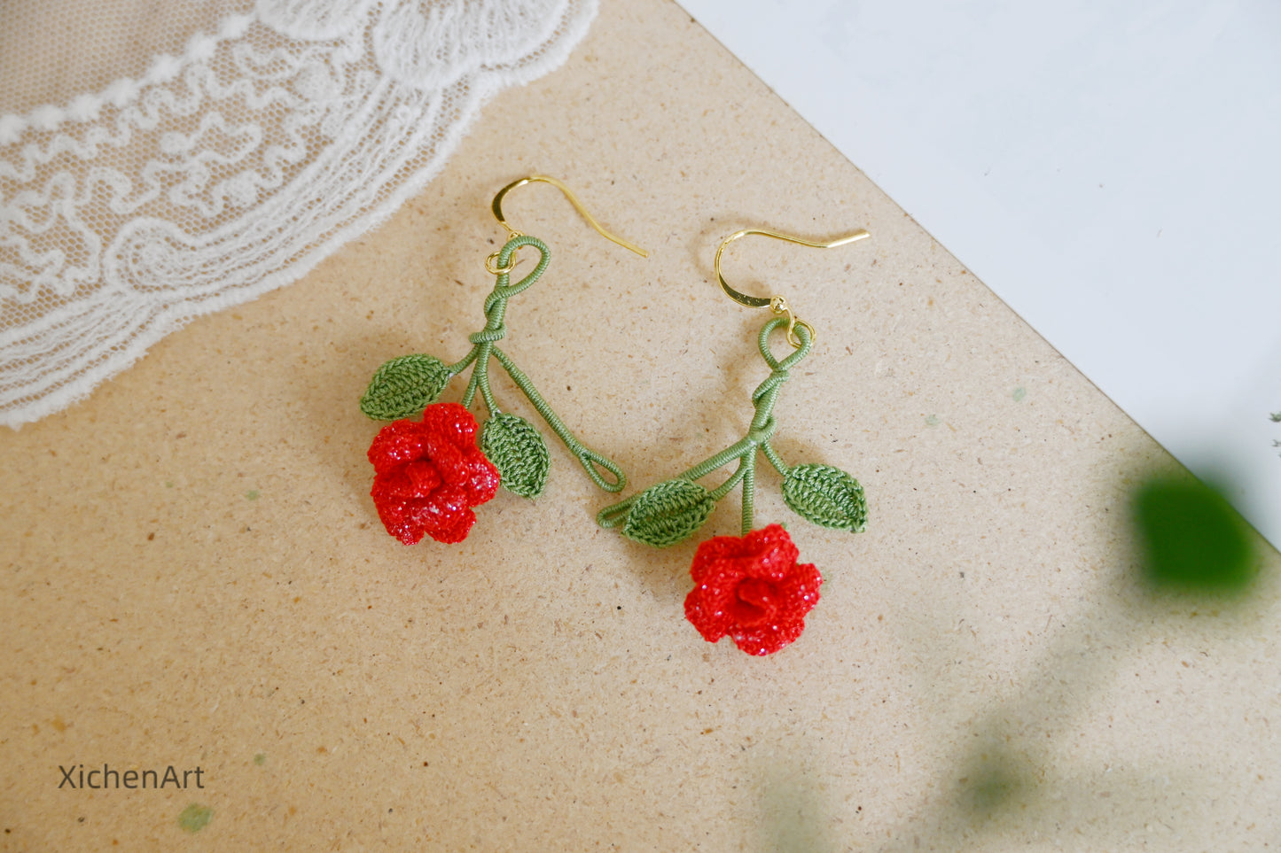 micro crochet china rose earring