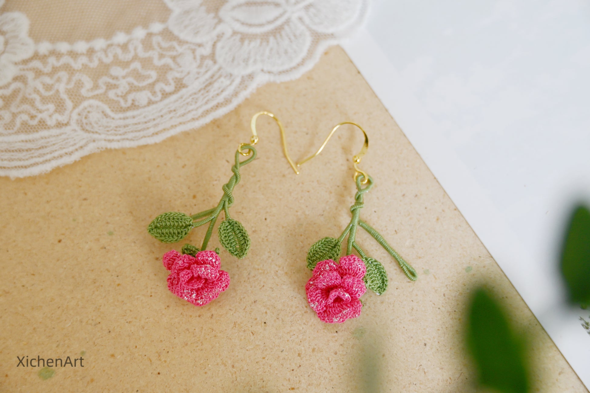 micro crochet china rose earring