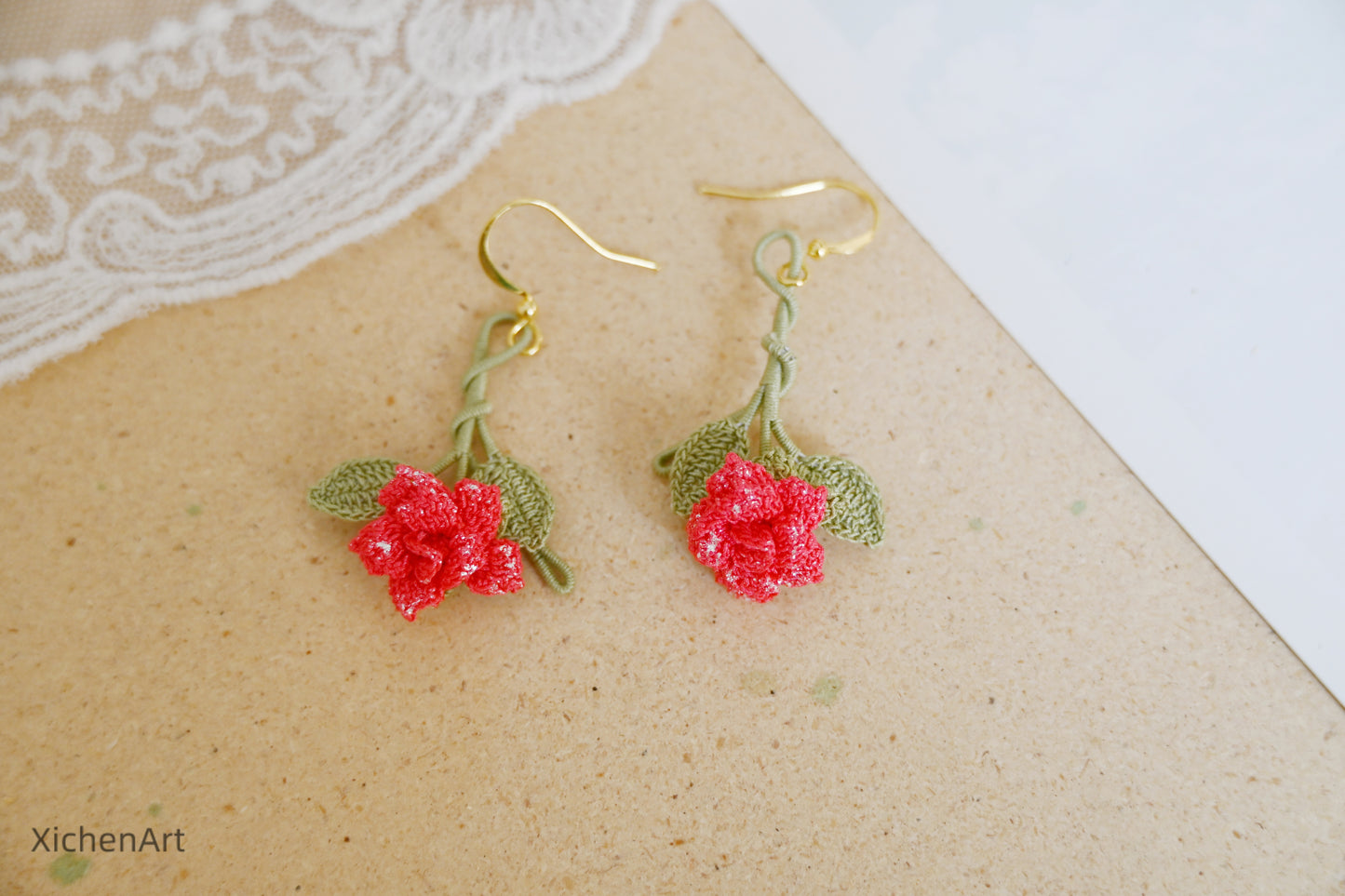 micro crochet china rose earring