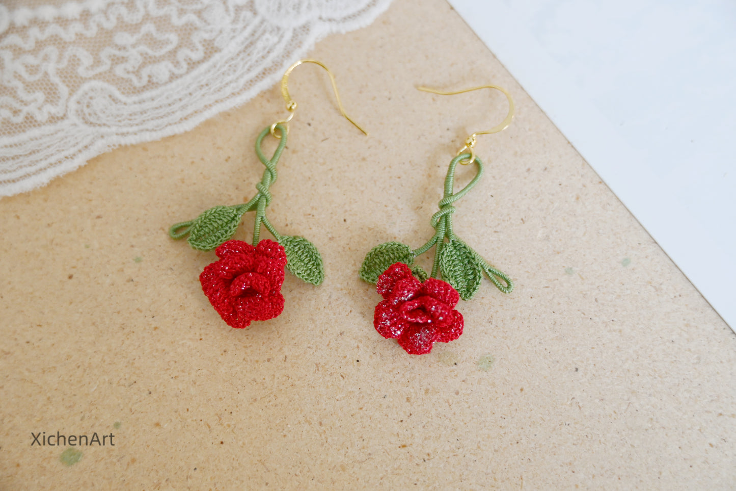 micro crochet china rose earring