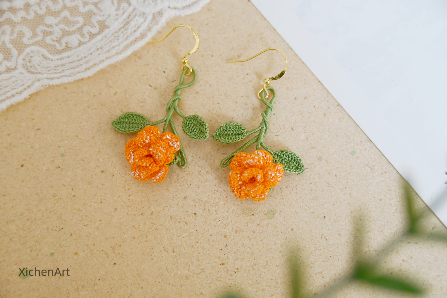 micro crochet china rose earring