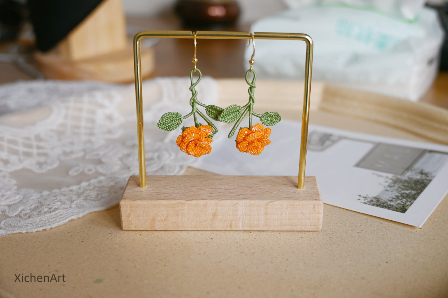 micro crochet china rose earring