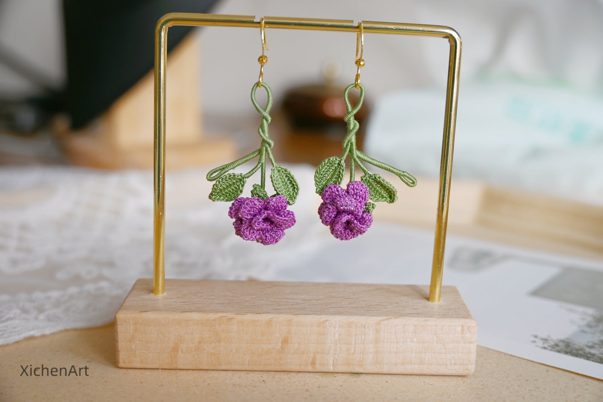 micro crochet china rose earring