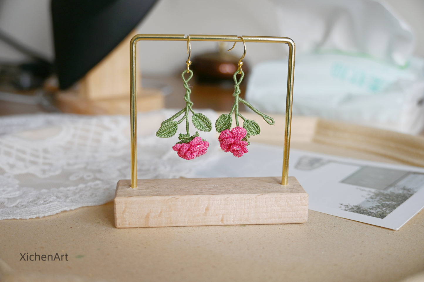 micro crochet china rose earring