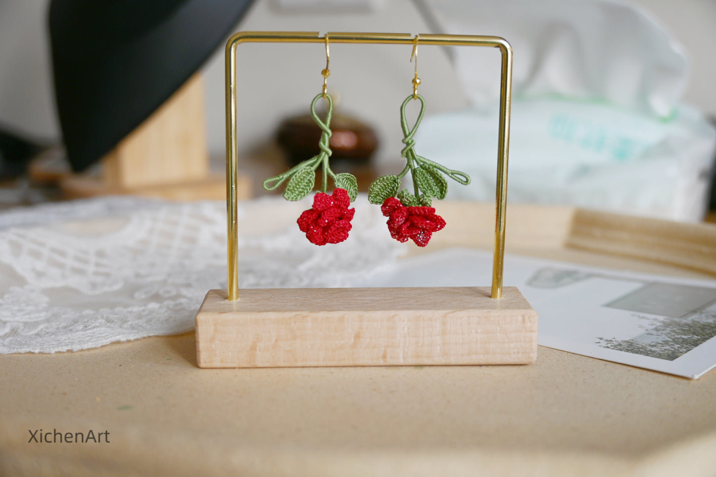 micro crochet china rose earring