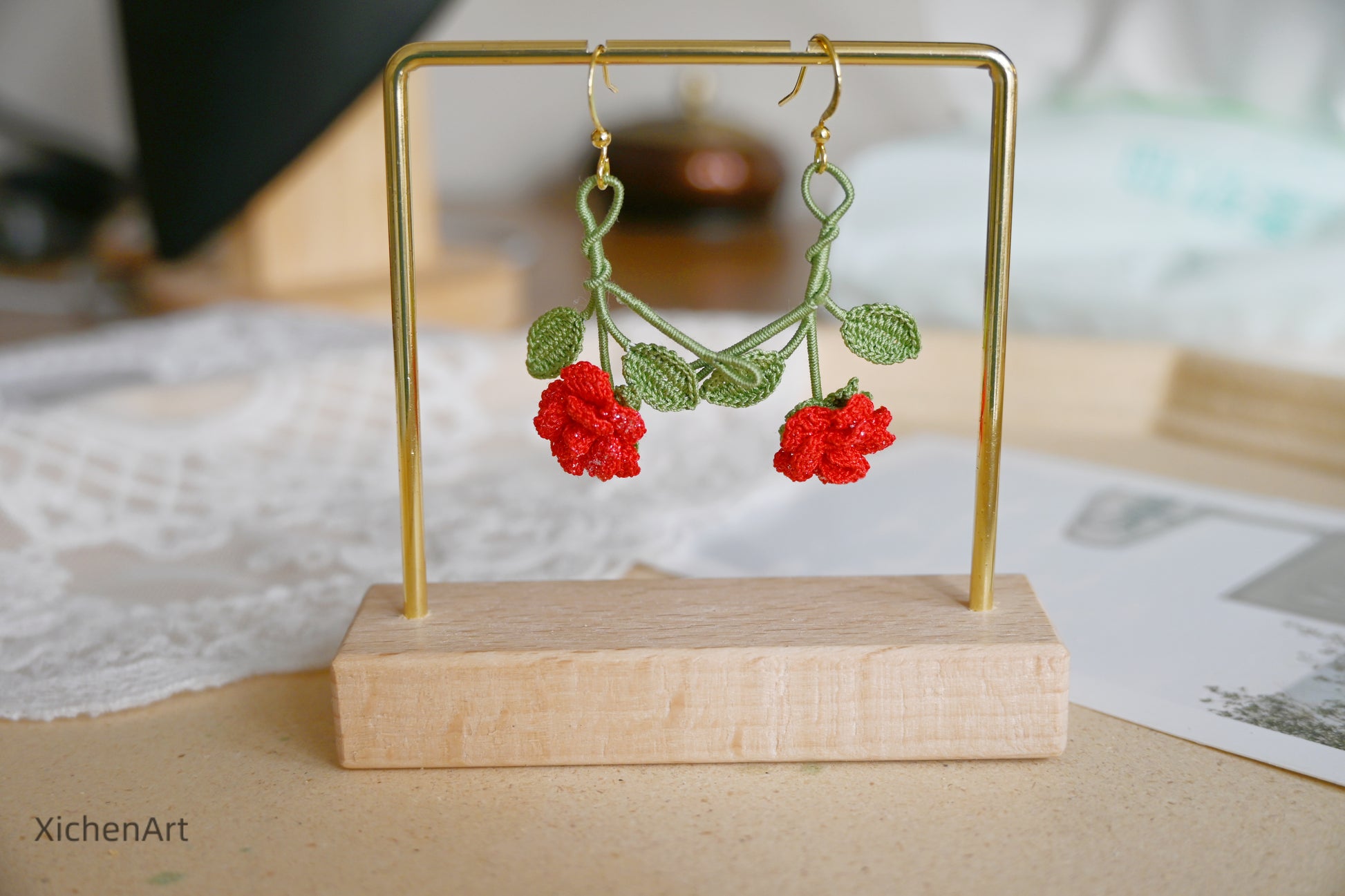 micro crochet china rose earring