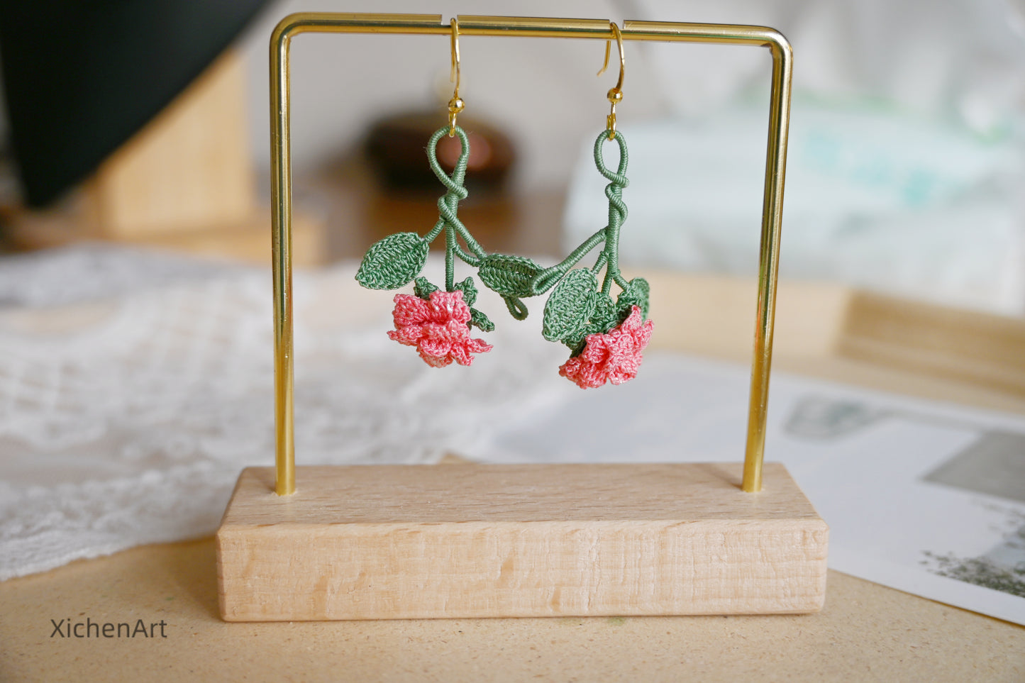 micro crochet china rose earring