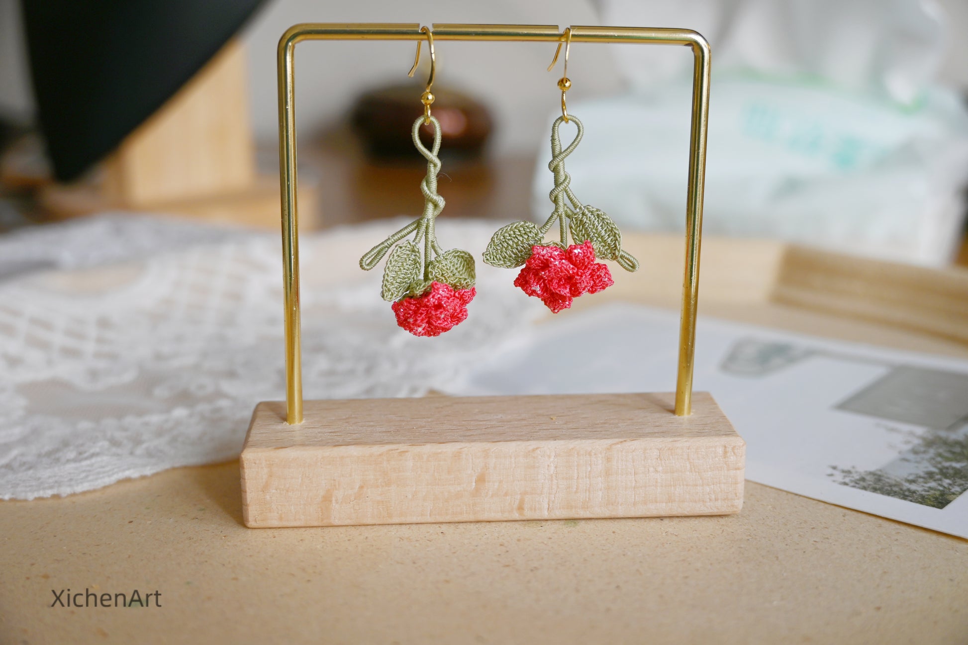 micro crochet china rose earring