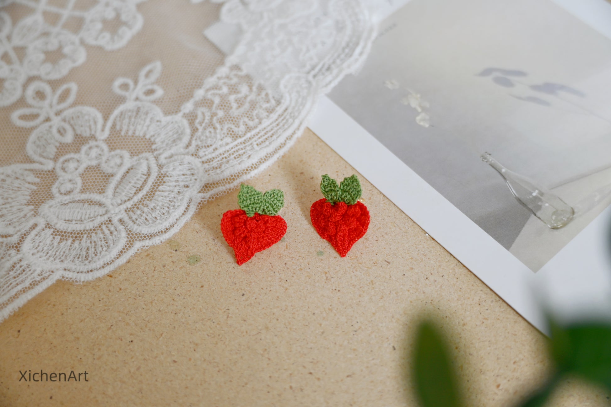 micro crochet peach heart earring