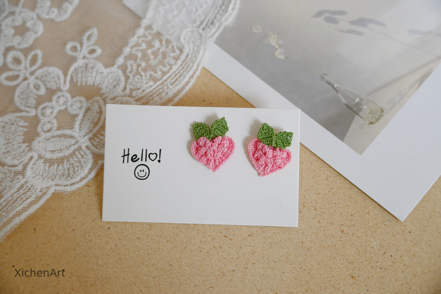 micro crochet peach heart earring