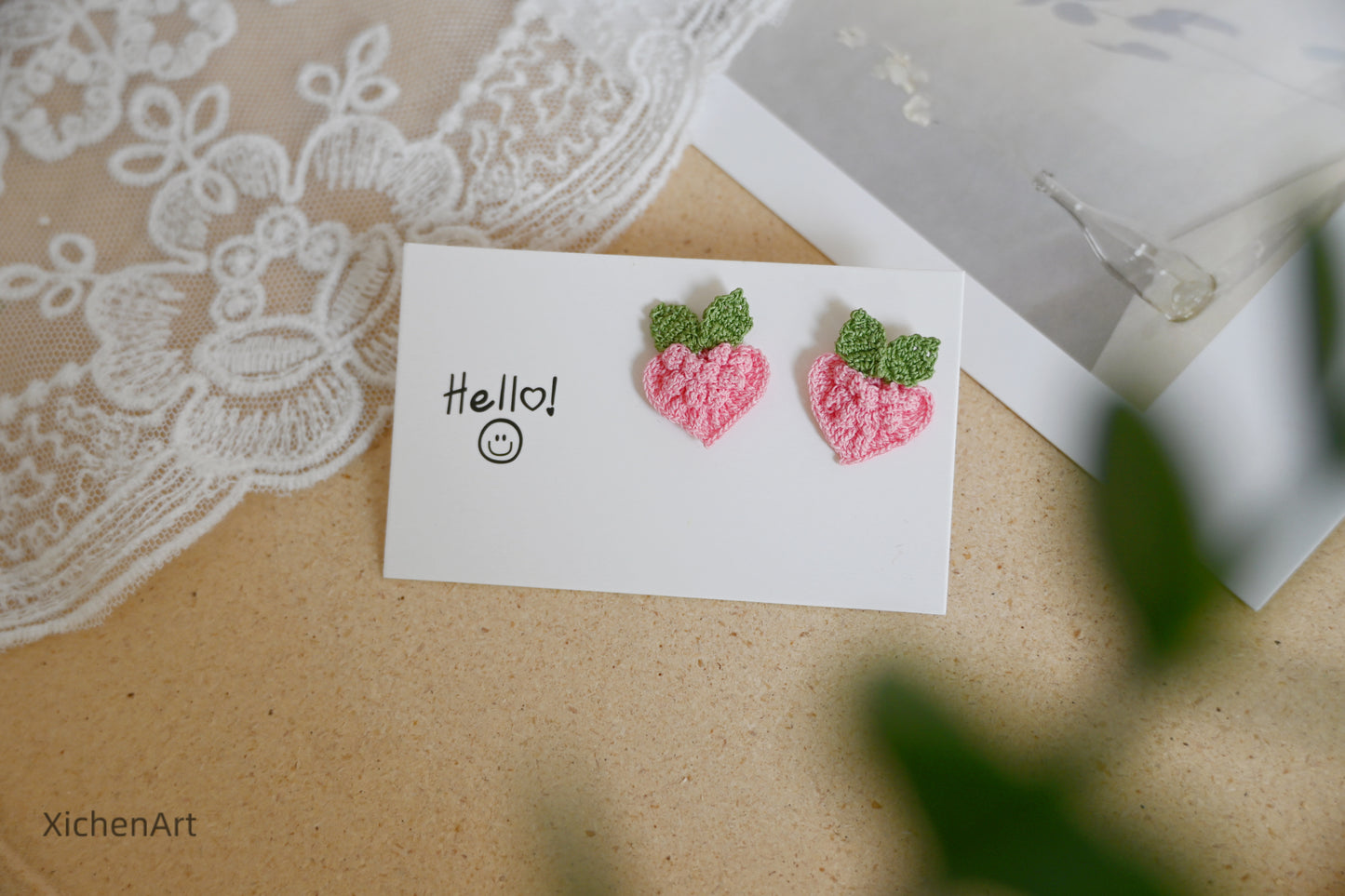 micro crochet peach heart earring