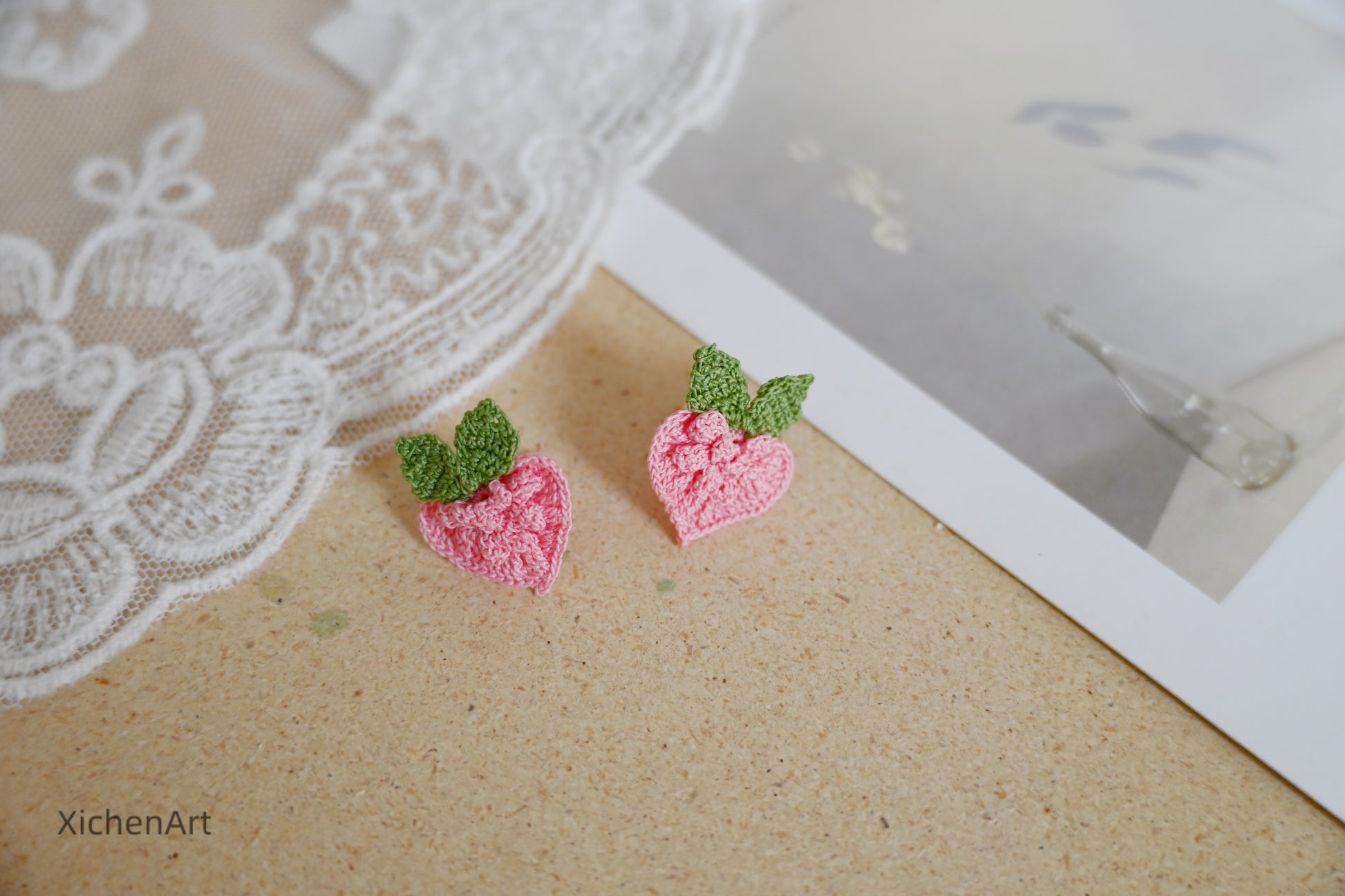 micro crochet peach heart earring