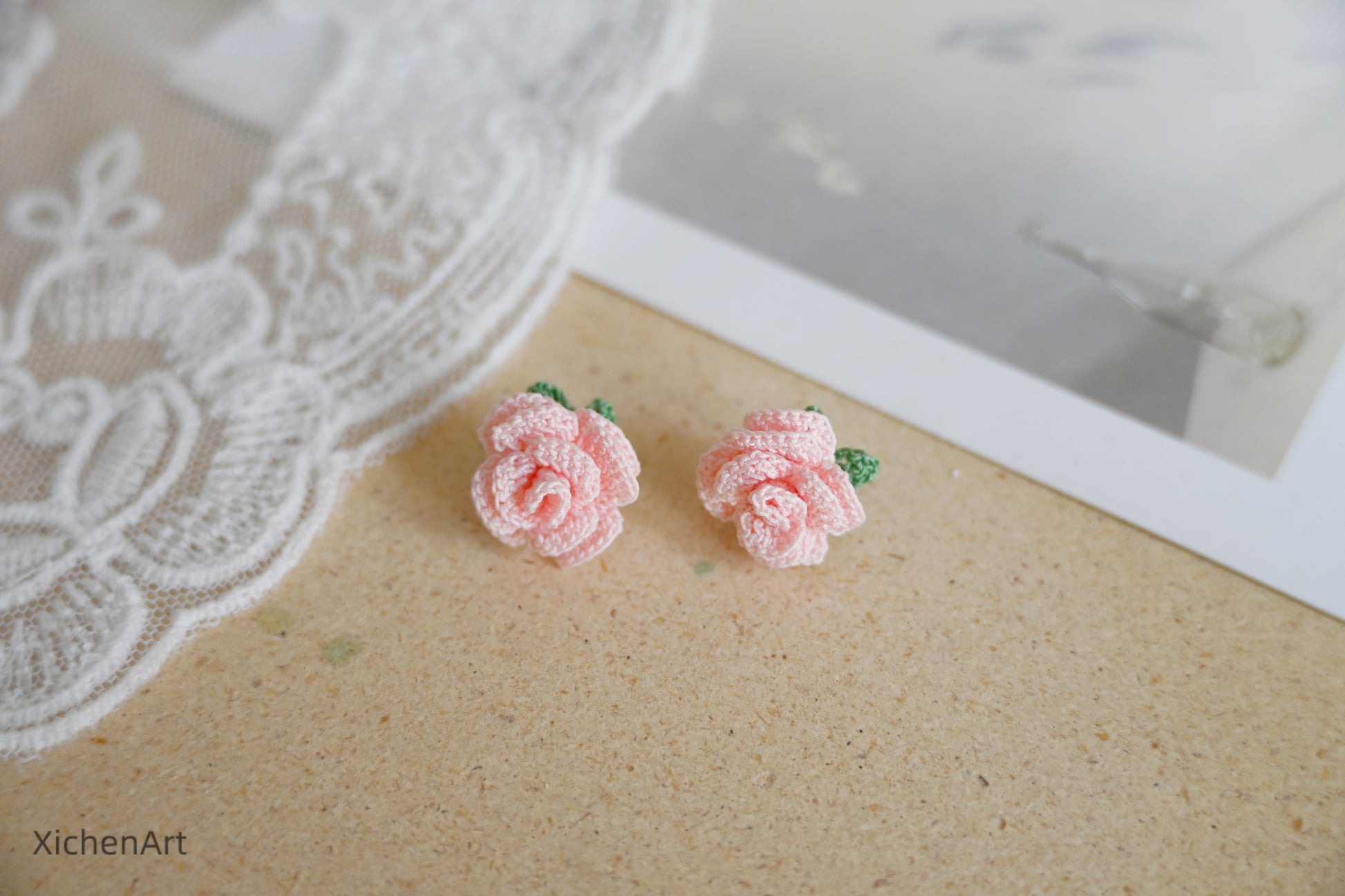 micro crochet rose earring studs