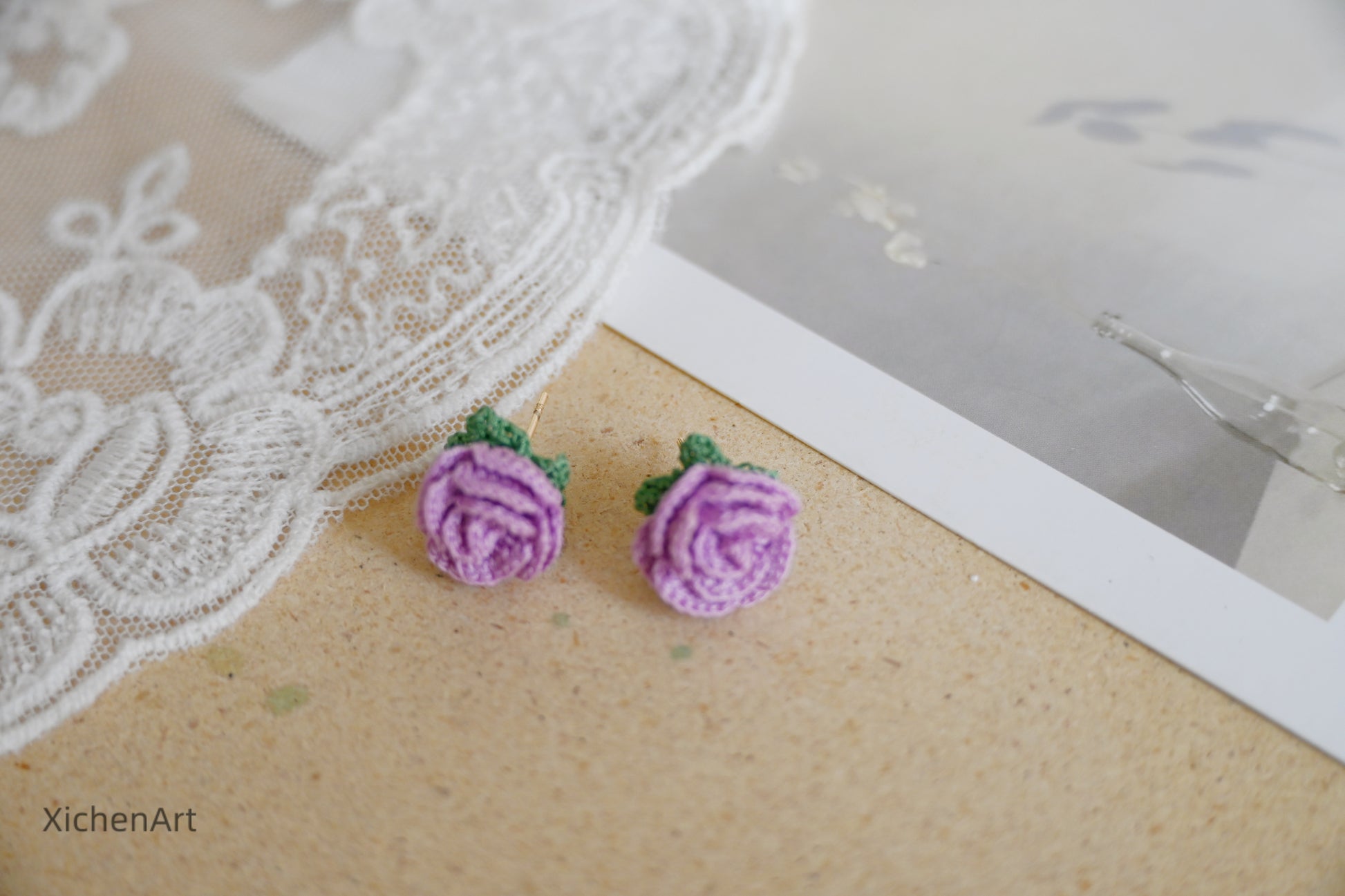 micro crochet rose earring studs